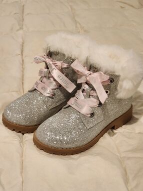 Juicy Couture Silver Glitter Fur-Trim Lace-Up Boots